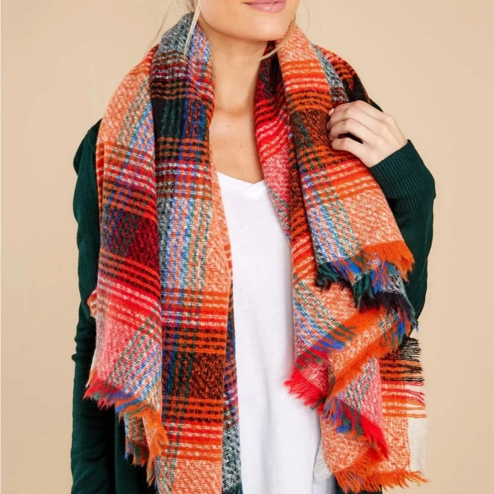 Orange multi plaid scarf